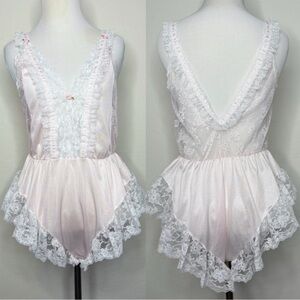 Vintage Tosca of California Pink Satin Lace Teddy Bodysuit Small Snap Bottom